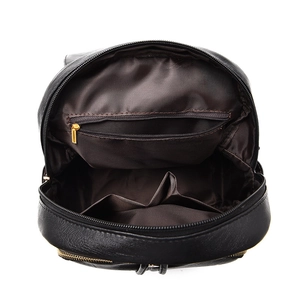 Black pebbled leather backpack for women with spacious brown interior and multiple pockets