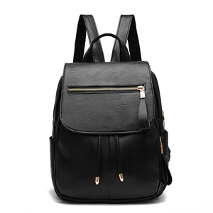 Fashionable black faux leather backpack for women with gold hardware and drawstrings