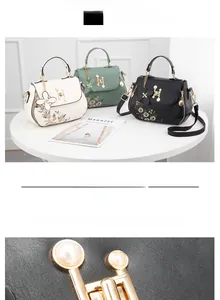 Detail of embroidered bucket bag featuring H-shaped rotary lock with pearl and floral charm