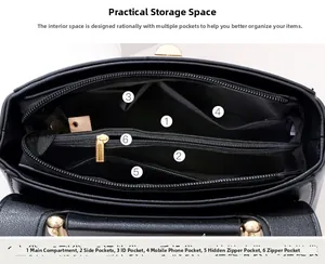 Interior view of black PU handbag with 6 compartments and gold zippers