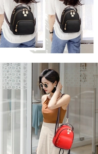 Mini lychee faux leather backpack with gold zippers shown in black and red versatile styles
