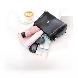Internal view of fashion handbag showing capacity for umbrella, wallet and phone