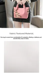 Detail of pink PU leather handbag with floral embroidery and high-quality fabric texture
