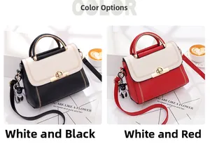 Detail showing two-tone handbags with circular gold handles and cute bear pendant