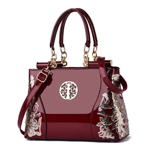 Women Vintage Handbag Patent Leather Floral Sequin Embroidery High Gloss Large Capacity Shoulder Crossbody Bag