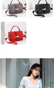 Detailed views of stylish rectangular crossbody bags in gray black and red leather