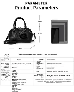 Size chart showing high-end PU crocodile texture handbag with precise 23cm width dimensions