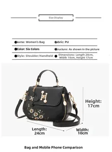Detailed size chart of women's black PU tote bag with floral embroidery and H-buckle