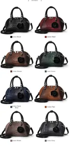 Collage of crocodile pattern shell handbags in eight colors with rose pendant detail
