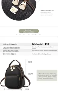 Detailed size chart and specifications for the black lychee pattern PU leather backpack
