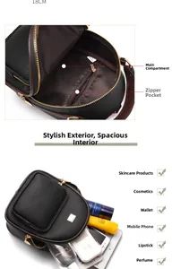 Detail of black pebbled leather backpack with 18cm height and interior pockets