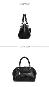 Detail view of black crocodile pattern shell bag with silver hardware and back zipper pocket