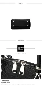 Detail of black crocodile texture handbag with dual zippers and bottom protective studs