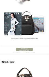 Detailed view of black litchi pattern mini backpack with gold zippers next to an iPad