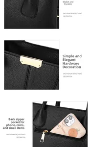 Close-up of black lychee leather texture, golden hardware and back zipper pocket