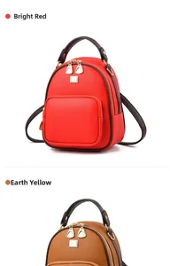 Detailed comparison of red and yellow mini backpacks with pebbled faux leather texture