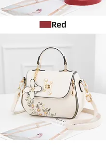 Detail of cream bucket bag with pink floral embroidery and pearl gold lock clasp
