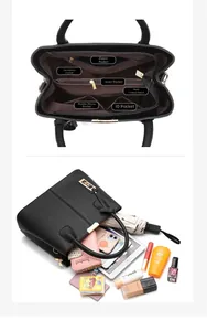 Internal structure of black leather handbag showing multi-pocket compartments and large capacity