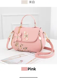 Close-up of pink embroidered handbag featuring a pearl lock and butterfly charm