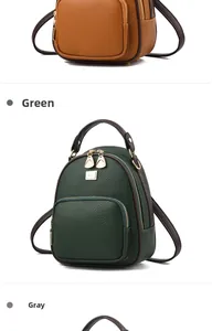 Detailed view of small lychee grain PU leather backpacks in green, grey, and brown colors