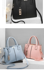 Detailed view of lychee pattern leather handbags in black, light blue, and pink colors