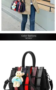 Detail of woven black lychee leather handbag with colorful strap and cute bear charm