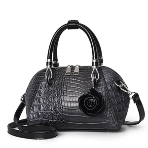 Retro black crocodile pattern shell handbag with detachable strap and rose charm accessory