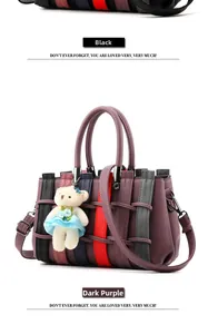 Detail of woven faux leather bag with colorful accents and a cute white bear pendant