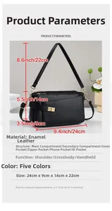 Tabella taglie con dimensioni 24x9x14cm e struttura interna della borsa in pelle nera