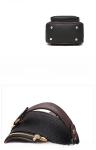 Detail of black pebbled PU leather backpack showing golden protective base studs