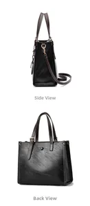 Detail of black leather tote bag showing side and back views with brown straps