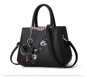 Close-up of black handbag with floral embroidery and a grey fur ball pompom charm