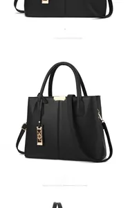 Detailed views of black pebbled leather handbag with gold hardware and trapezoid shape