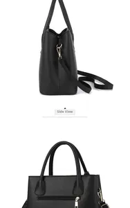 Side view and detail of black pebble grain leather handbag with gold hardware