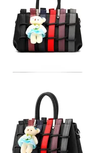 Close-up of woven pattern handbag with faux leather texture and cute bear charm pendant