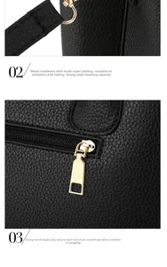 Detail of gold-plated hardware and smooth zipper on black lychee grain leather bag