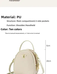 Detail view of woven texture small round bag with golden bee hardware and dimensions