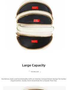 Detailed interior view showing three separate zipper compartments for organized storage
