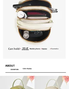 Three-layer zip handbag showing capacity for phone, umbrella, and cosmetics in beige