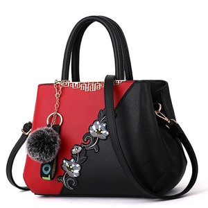 Fashion Flower Embroidery PU Leather Handbags For Women Contrast Color Shoulder Bags With Elegant Fur Ball Charm