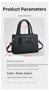 Spécifications détaillées de taille pour sac à main vernis noir avec nœud décoratif
