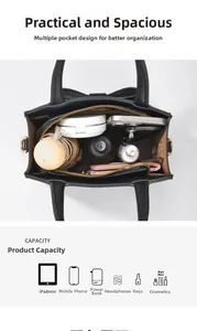 Vue intérieure montrant la grande capacité pour iPad mini et cosmétiques du sac noir