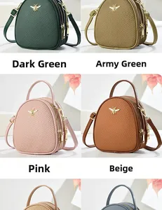 Collage of four textured small bags with golden bee logos and double zipper closures