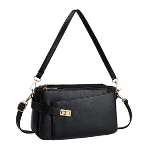 Borsa nera chic texture litchi con triple cerniere dorate e tracolle versatili