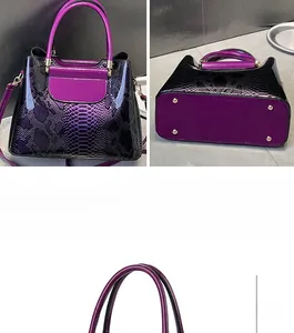 Détails du sac à main en serpent violet avec crochets métalliques et rivets de protection