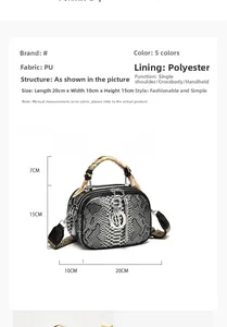 Detailed spec view of a snakeskin pattern handbag with dimensions and removable strap