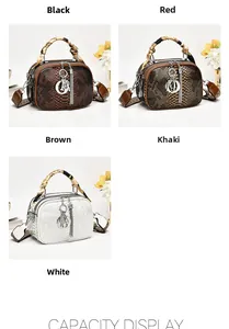 Detail view of snake print handbags with silk-wrapped handles and metallic charms