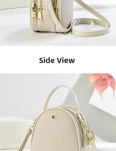 Side and front view of beige woven crossbody bag with dual zippers and earphone port
