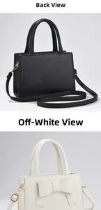 Détail de sacs carrés à nœud en noir et beige avec bandoulière amovible réglable