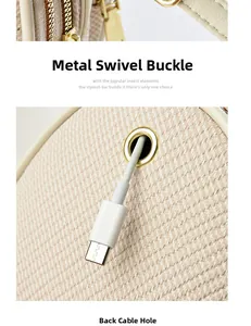Detail of crossbody bag featuring dual zippers, metal clasps, and built-in headphone port